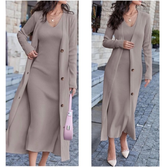 Classic Sleeveless Midi Dress Button Down Long Cardigan Set - Picture 1 of 9